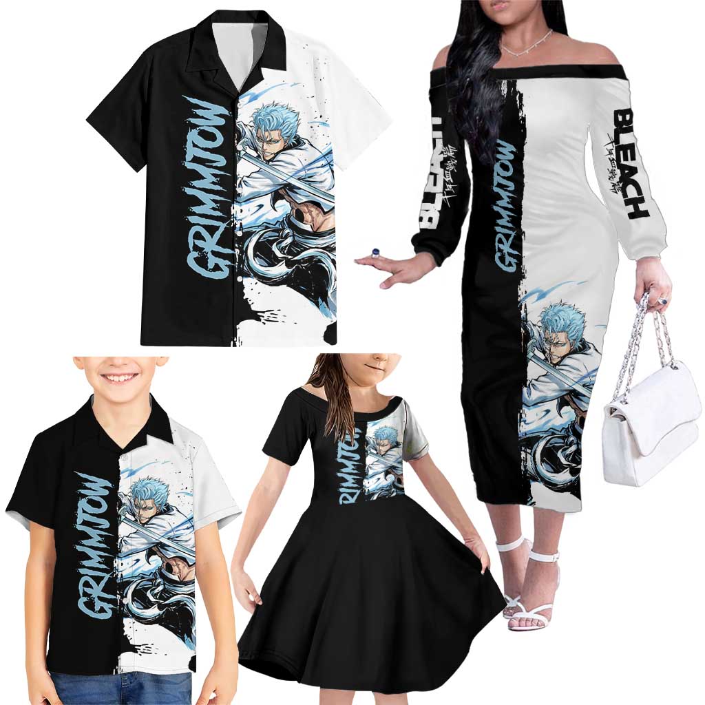 Personalized Grimmjow Jaegerjaquez Family Matching Off The Shoulder Long Sleeve Dress and Hawaiian Shirt Ink Splash Anime Brush Style