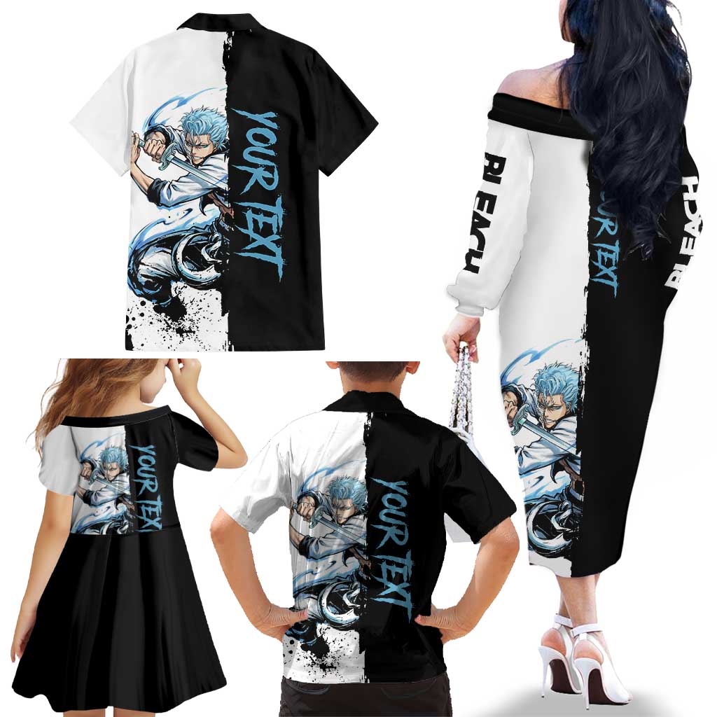 Personalized Grimmjow Jaegerjaquez Family Matching Off The Shoulder Long Sleeve Dress and Hawaiian Shirt Ink Splash Anime Brush Style