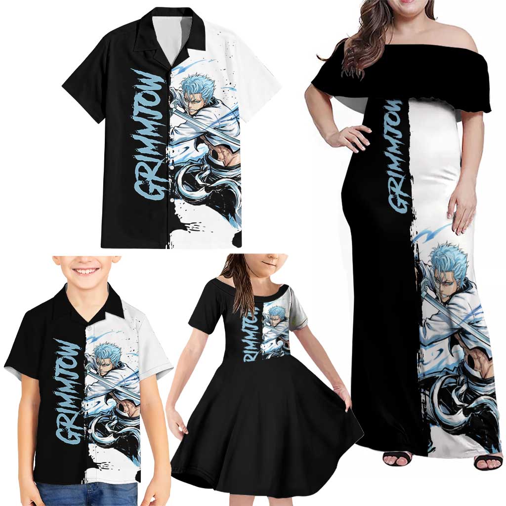Personalized Grimmjow Jaegerjaquez Family Matching Off Shoulder Maxi Dress and Hawaiian Shirt Ink Splash Anime Brush Style