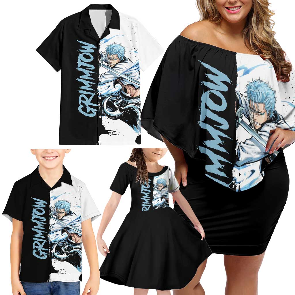 Personalized Grimmjow Jaegerjaquez Family Matching Off Shoulder Short Dress and Hawaiian Shirt Ink Splash Anime Brush Style