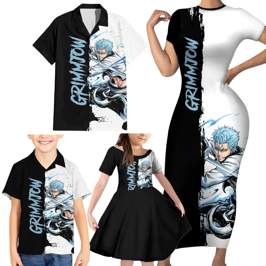 Personalized Grimmjow Jaegerjaquez Family Matching Short Sleeve Bodycon Dress and Hawaiian Shirt Ink Splash Anime Brush Style
