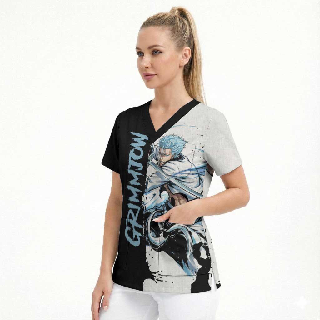 Personalized Grimmjow Jaegerjaquez Scrub Top Ink Splash Anime Brush Style