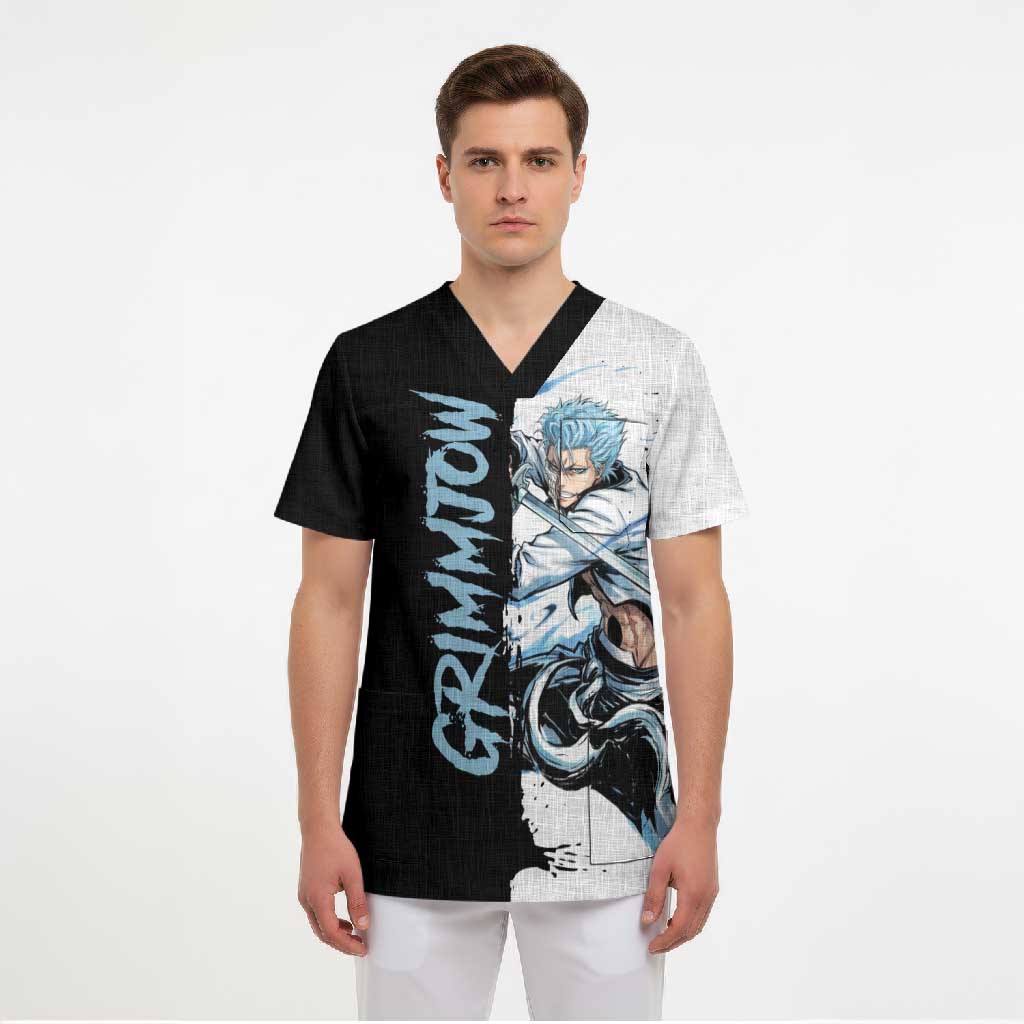 Personalized Grimmjow Jaegerjaquez Scrub Top Ink Splash Anime Brush Style
