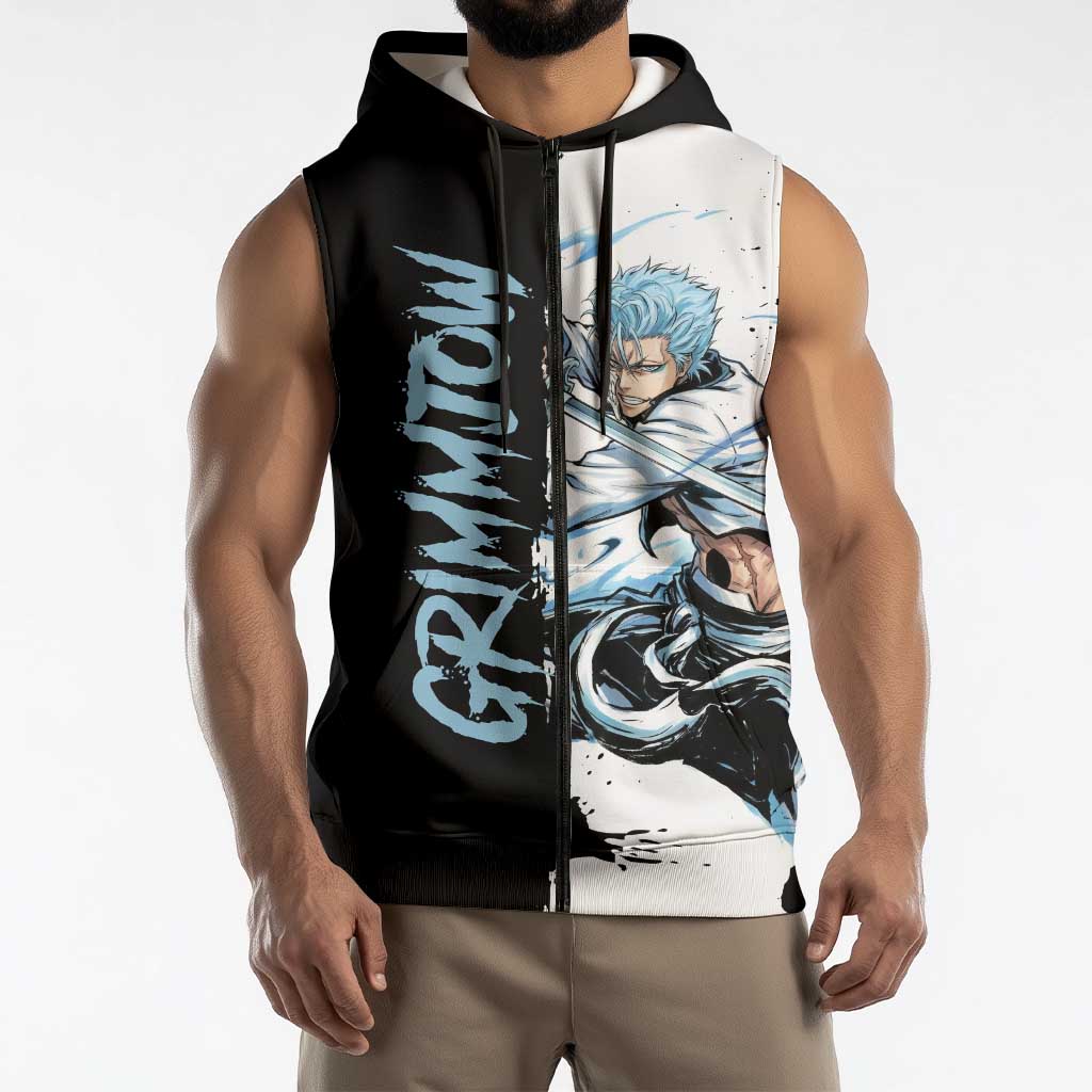 Personalized Grimmjow Jaegerjaquez Sleeveless Zip Hoodie Ink Splash Anime Brush Style