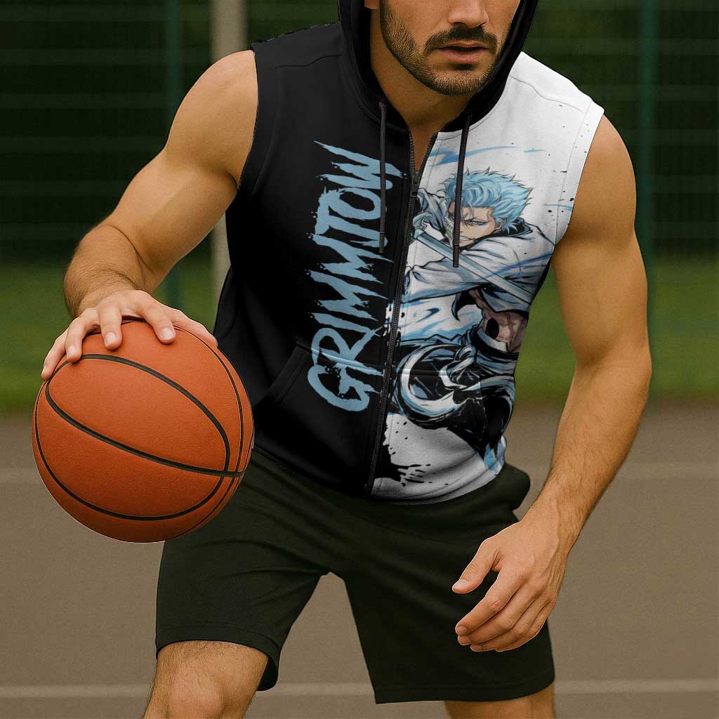 Personalized Grimmjow Jaegerjaquez Sleeveless Zip Hoodie Ink Splash Anime Brush Style