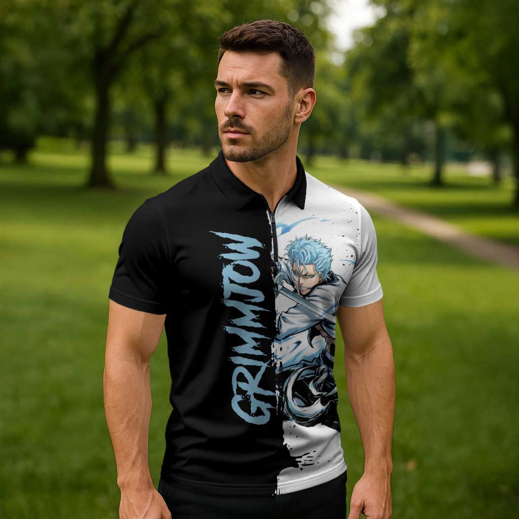 Personalized Grimmjow Jaegerjaquez Zipper Polo Shirt Ink Splash Anime Brush Style
