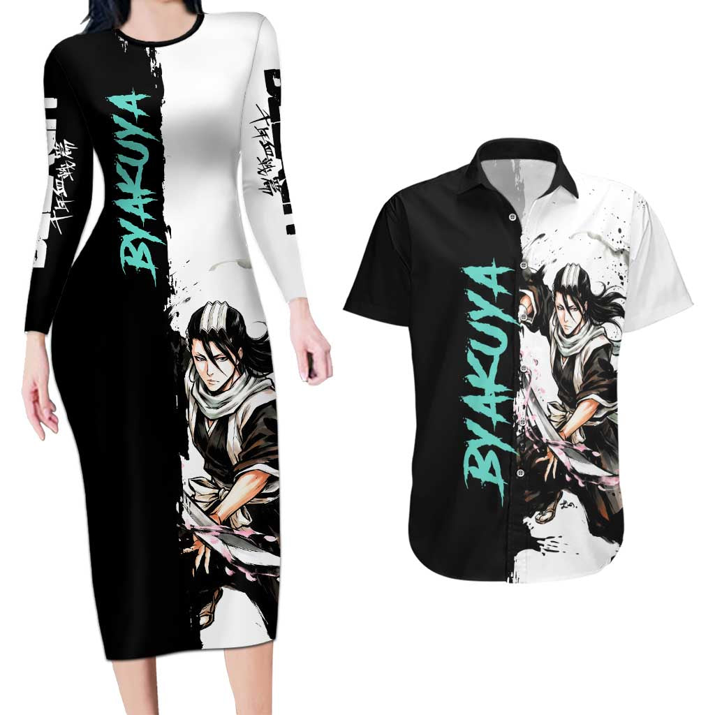 Personalized Byakuya Kuchiki Couples Matching Long Sleeve Bodycon Dress and Hawaiian Shirt Ink Splash Anime Brush Style