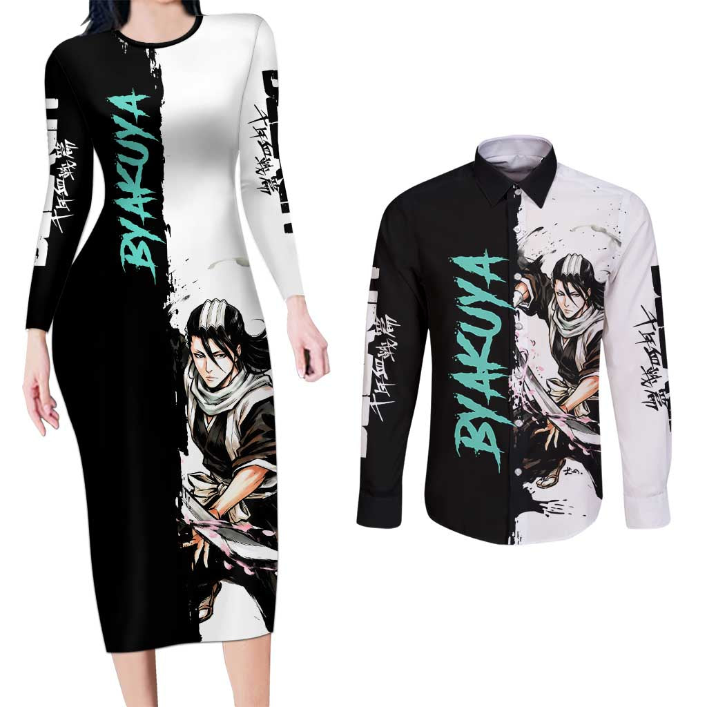 Personalized Byakuya Kuchiki Couples Matching Long Sleeve Bodycon Dress and Long Sleeve Button Shirt Ink Splash Anime Brush Style
