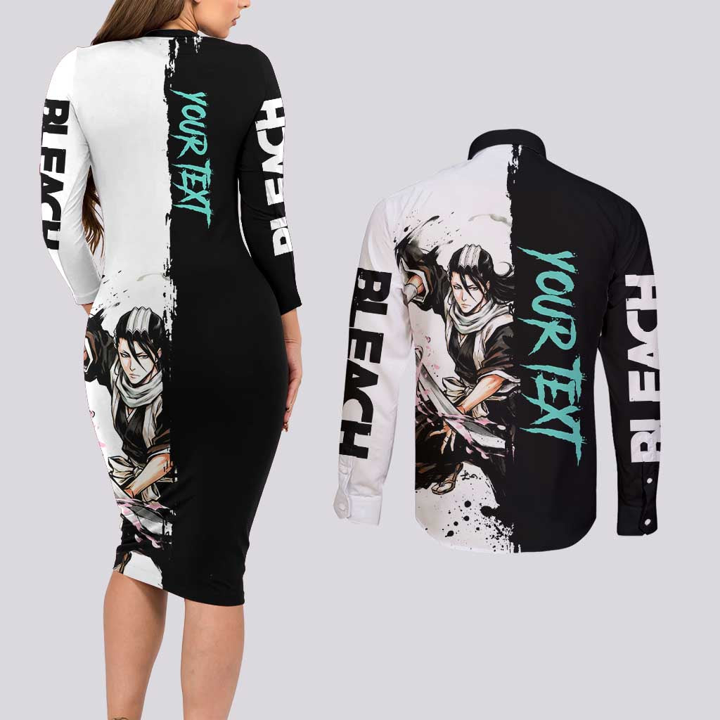 Personalized Byakuya Kuchiki Couples Matching Long Sleeve Bodycon Dress and Long Sleeve Button Shirt Ink Splash Anime Brush Style