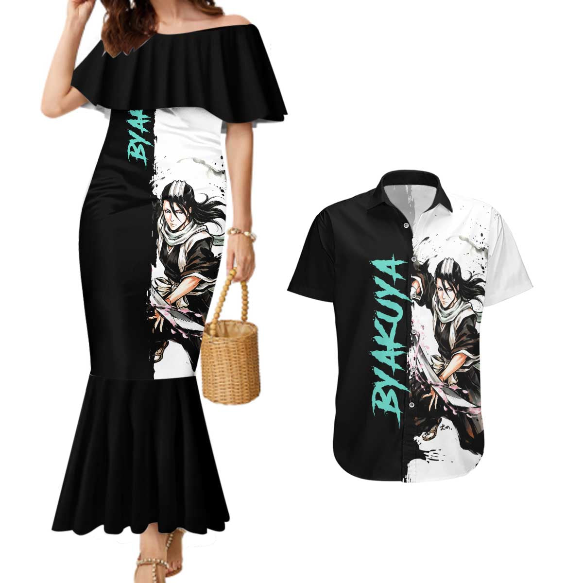 Personalized Byakuya Kuchiki Couples Matching Mermaid Dress and Hawaiian Shirt Ink Splash Anime Brush Style
