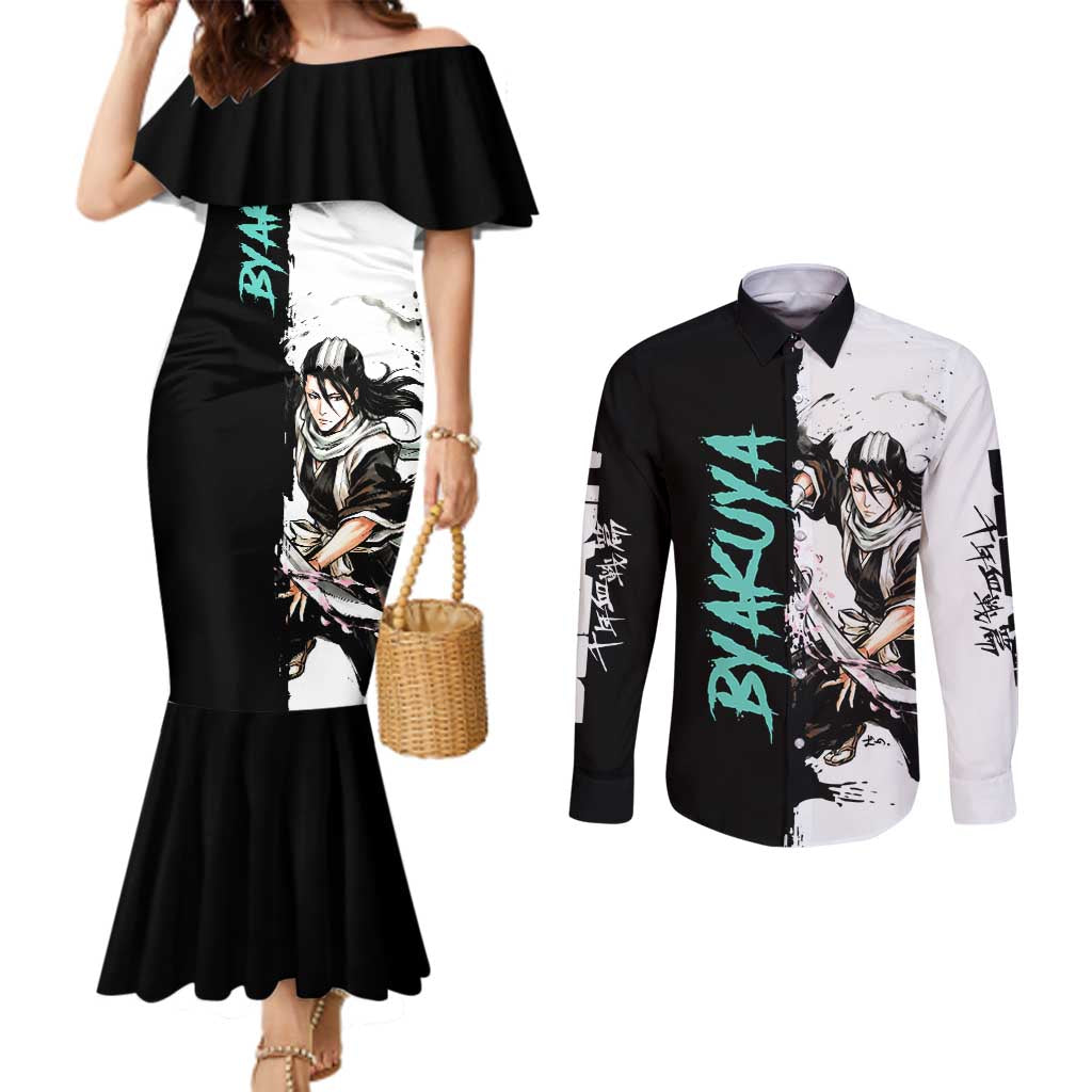 Personalized Byakuya Kuchiki Couples Matching Mermaid Dress and Long Sleeve Button Shirt Ink Splash Anime Brush Style