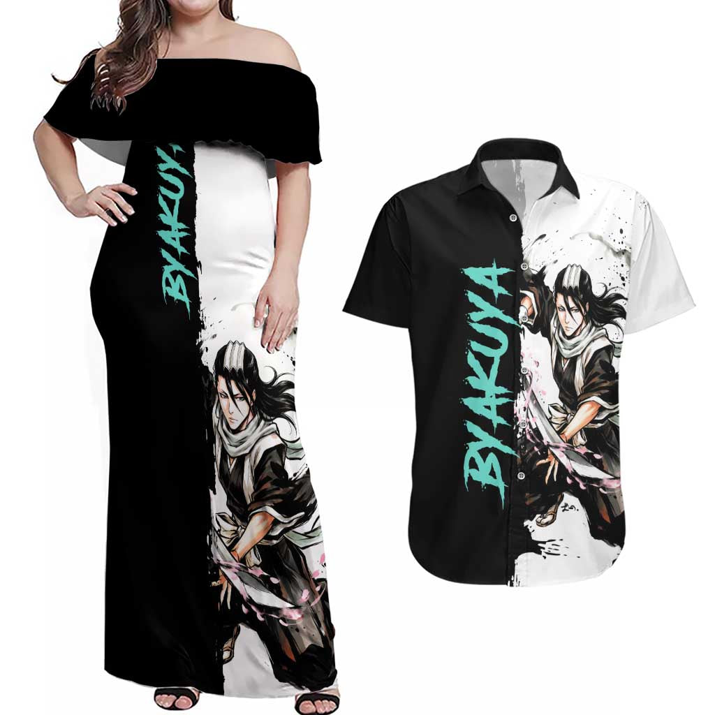 Personalized Byakuya Kuchiki Couples Matching Off Shoulder Maxi Dress and Hawaiian Shirt Ink Splash Anime Brush Style
