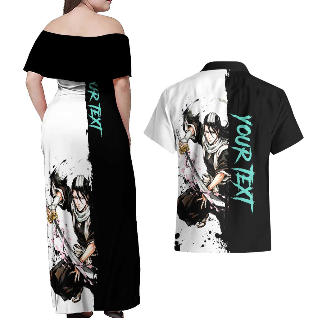 Personalized Byakuya Kuchiki Couples Matching Off Shoulder Maxi Dress and Hawaiian Shirt Ink Splash Anime Brush Style