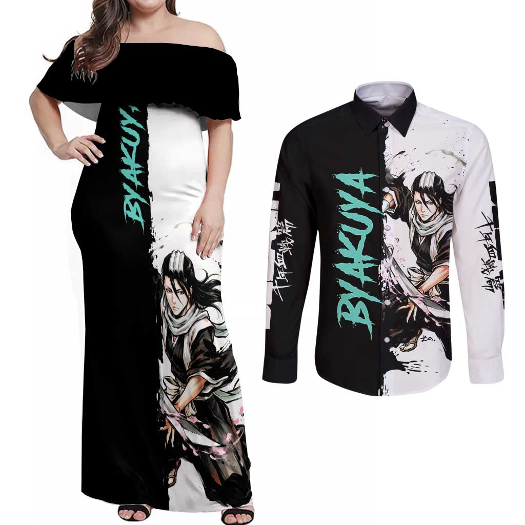 Personalized Byakuya Kuchiki Couples Matching Off Shoulder Maxi Dress and Long Sleeve Button Shirt Ink Splash Anime Brush Style