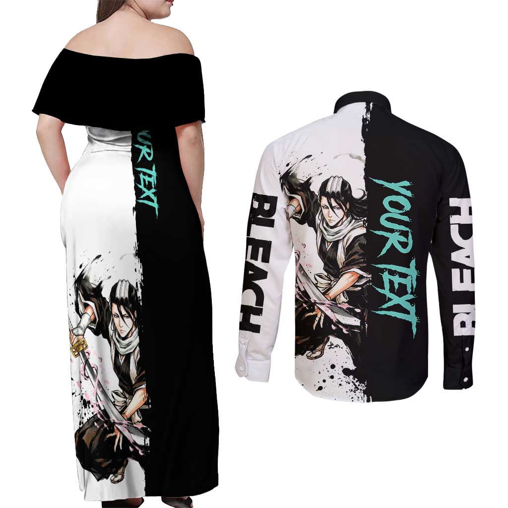 Personalized Byakuya Kuchiki Couples Matching Off Shoulder Maxi Dress and Long Sleeve Button Shirt Ink Splash Anime Brush Style