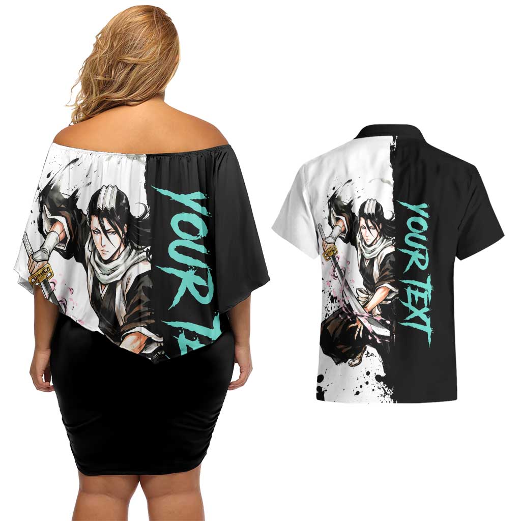 Personalized Byakuya Kuchiki Couples Matching Off Shoulder Short Dress and Hawaiian Shirt Ink Splash Anime Brush Style