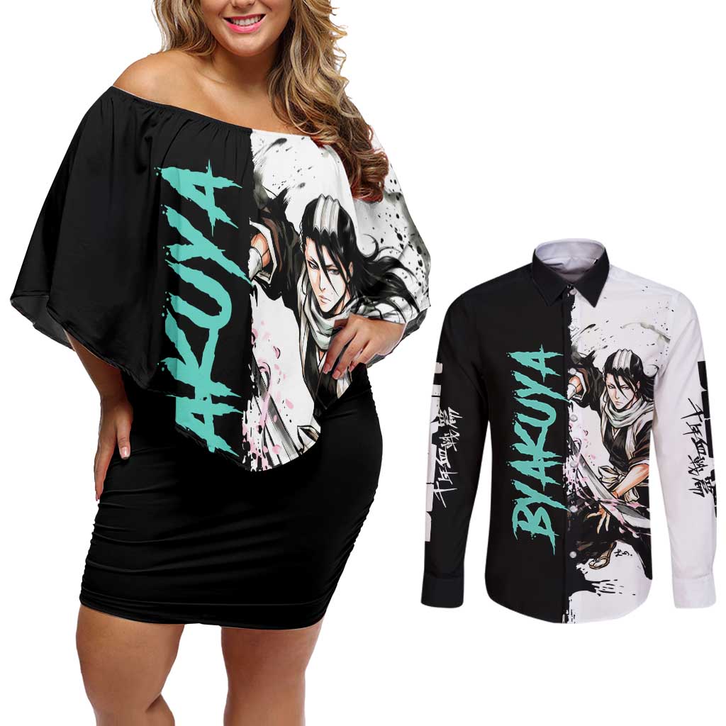 Personalized Byakuya Kuchiki Couples Matching Off Shoulder Short Dress and Long Sleeve Button Shirt Ink Splash Anime Brush Style