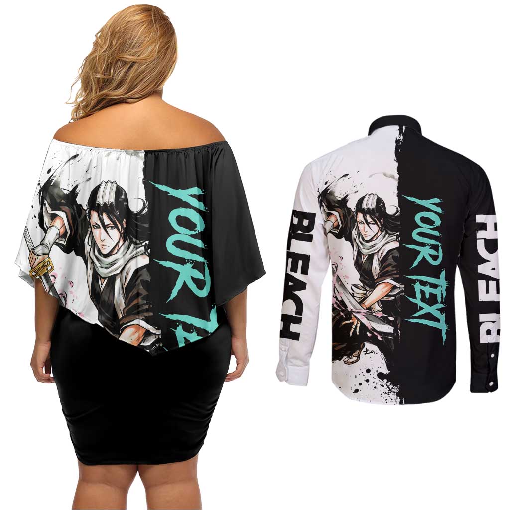 Personalized Byakuya Kuchiki Couples Matching Off Shoulder Short Dress and Long Sleeve Button Shirt Ink Splash Anime Brush Style