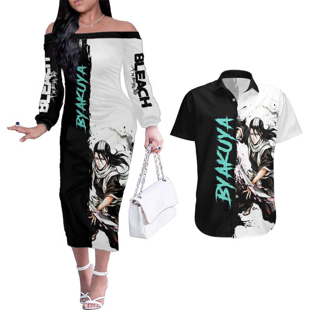Personalized Byakuya Kuchiki Couples Matching Off The Shoulder Long Sleeve Dress and Hawaiian Shirt Ink Splash Anime Brush Style