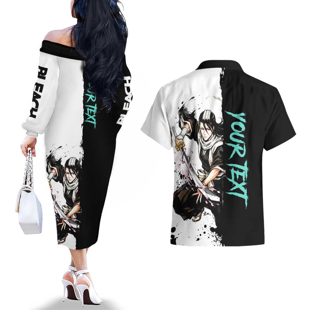 Personalized Byakuya Kuchiki Couples Matching Off The Shoulder Long Sleeve Dress and Hawaiian Shirt Ink Splash Anime Brush Style
