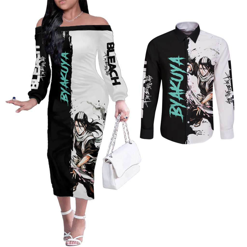 Personalized Byakuya Kuchiki Couples Matching Off The Shoulder Long Sleeve Dress and Long Sleeve Button Shirt Ink Splash Anime Brush Style