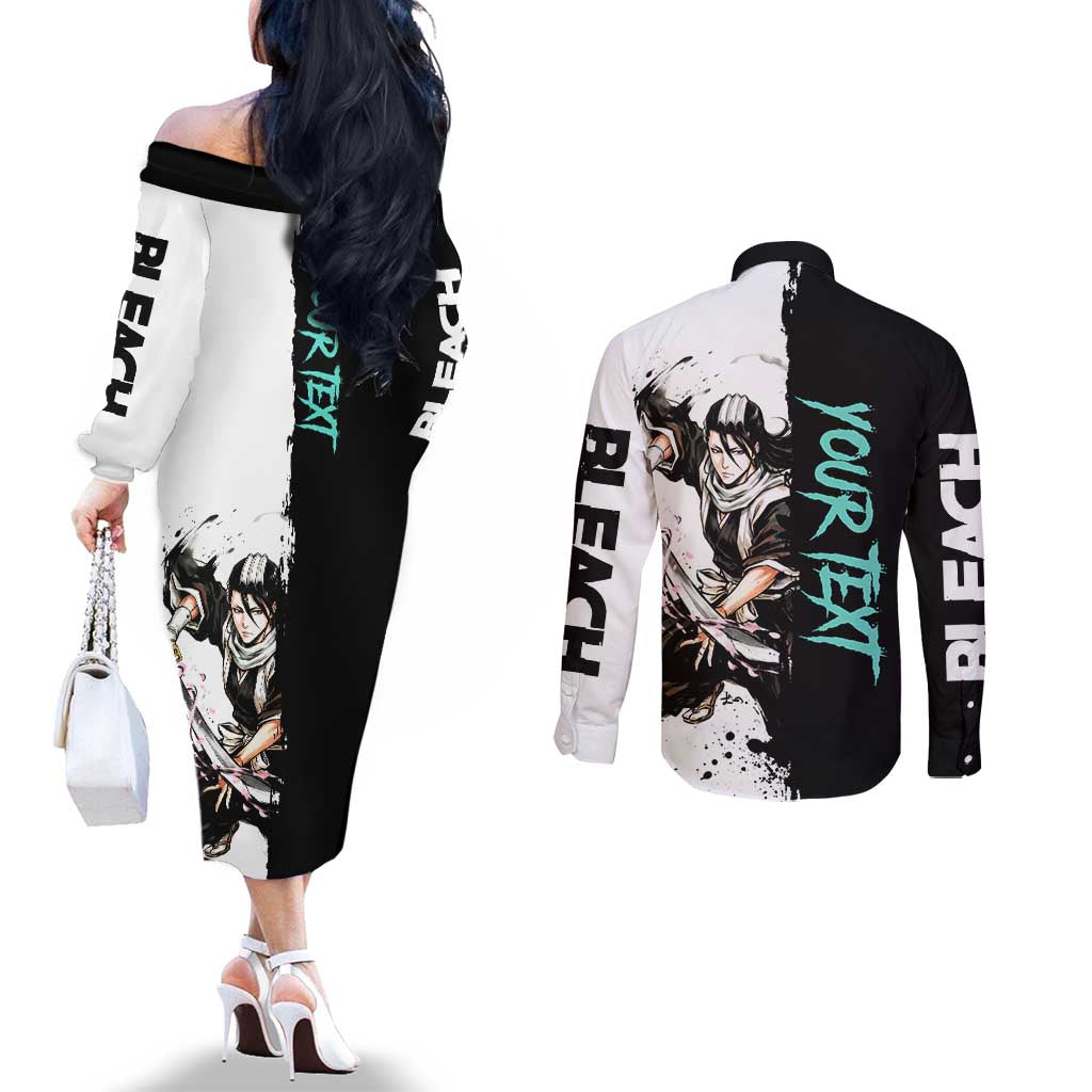 Personalized Byakuya Kuchiki Couples Matching Off The Shoulder Long Sleeve Dress and Long Sleeve Button Shirt Ink Splash Anime Brush Style