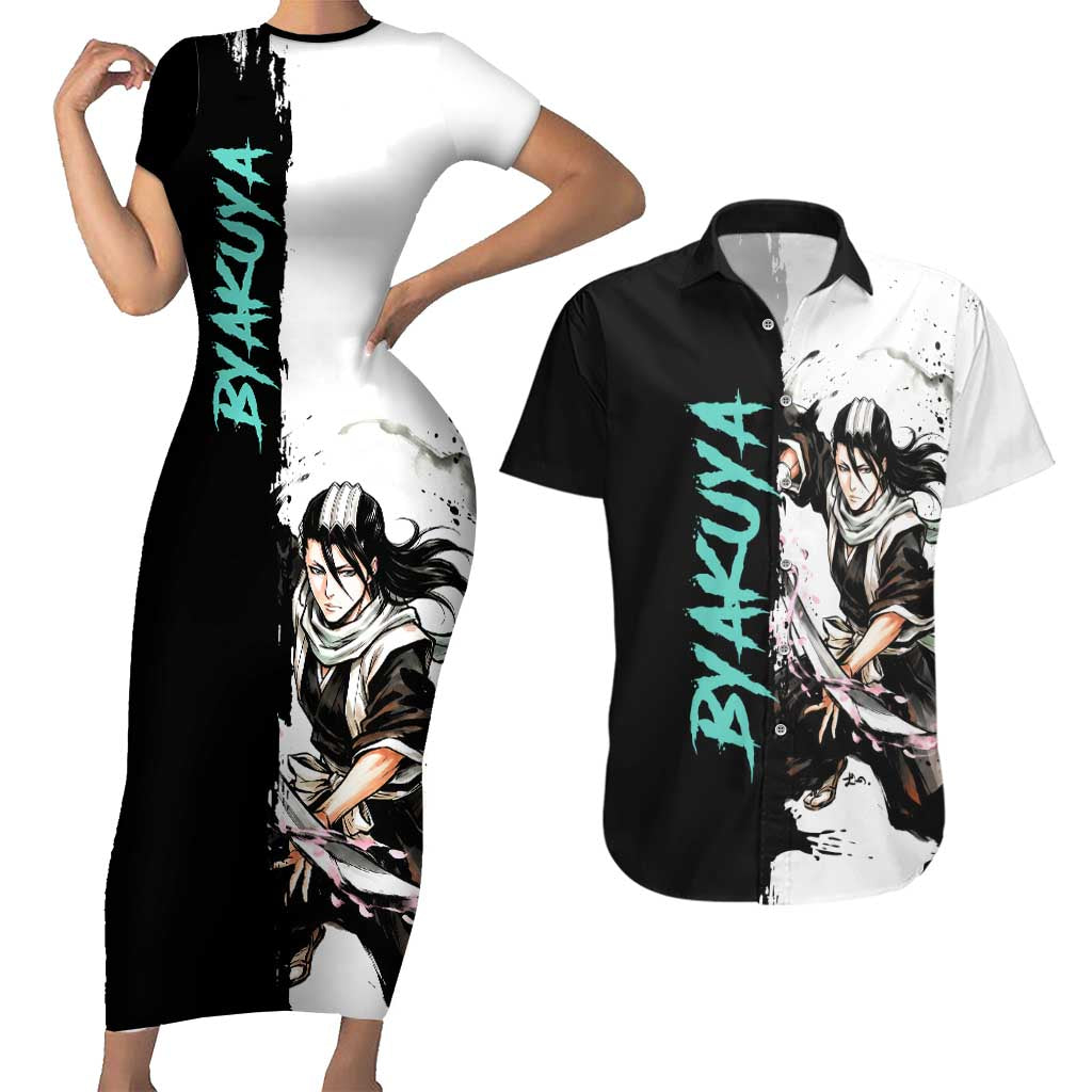 Personalized Byakuya Kuchiki Couples Matching Short Sleeve Bodycon Dress and Hawaiian Shirt Ink Splash Anime Brush Style