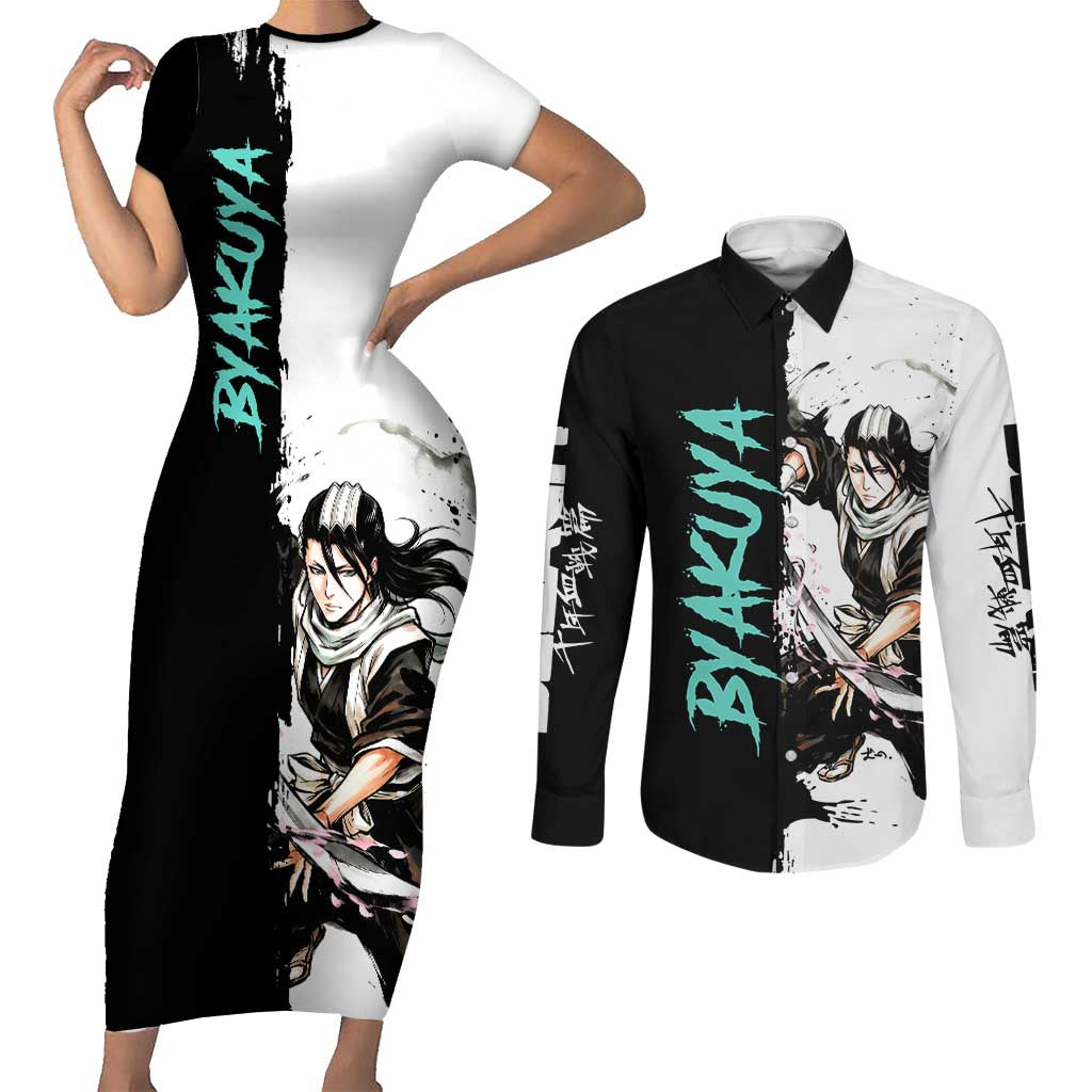 Personalized Byakuya Kuchiki Couples Matching Short Sleeve Bodycon Dress and Long Sleeve Button Shirt Ink Splash Anime Brush Style