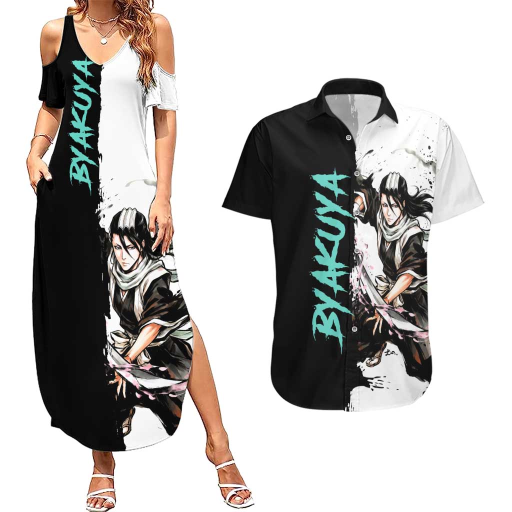 Personalized Byakuya Kuchiki Couples Matching Summer Maxi Dress and Hawaiian Shirt Ink Splash Anime Brush Style