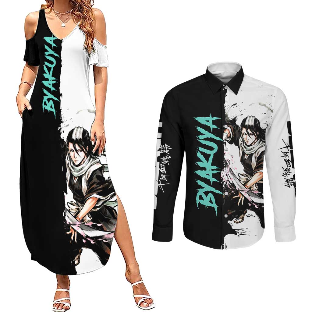 Personalized Byakuya Kuchiki Couples Matching Summer Maxi Dress and Long Sleeve Button Shirt Ink Splash Anime Brush Style