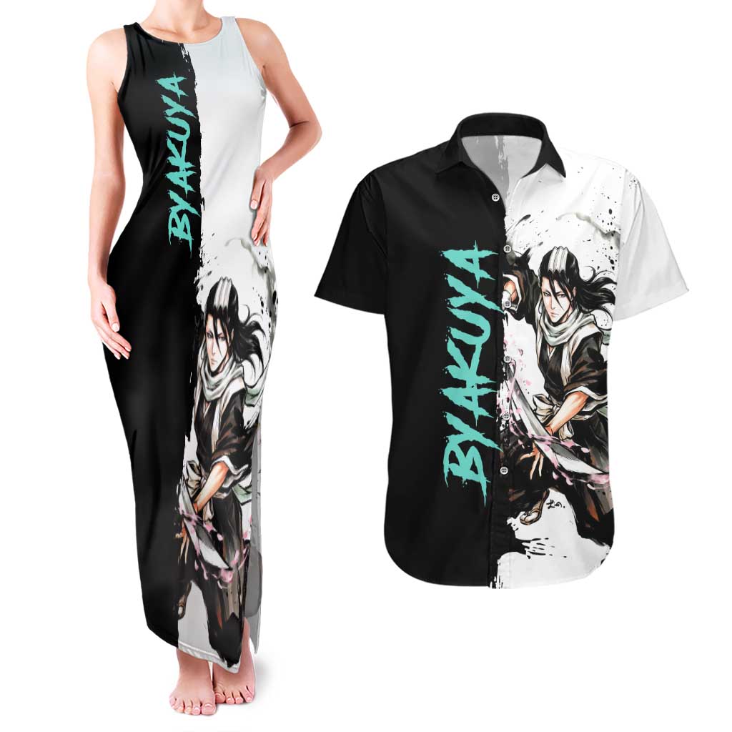 Personalized Byakuya Kuchiki Couples Matching Tank Maxi Dress and Hawaiian Shirt Ink Splash Anime Brush Style