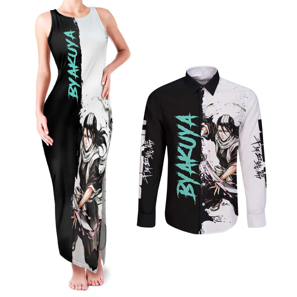 Personalized Byakuya Kuchiki Couples Matching Tank Maxi Dress and Long Sleeve Button Shirt Ink Splash Anime Brush Style