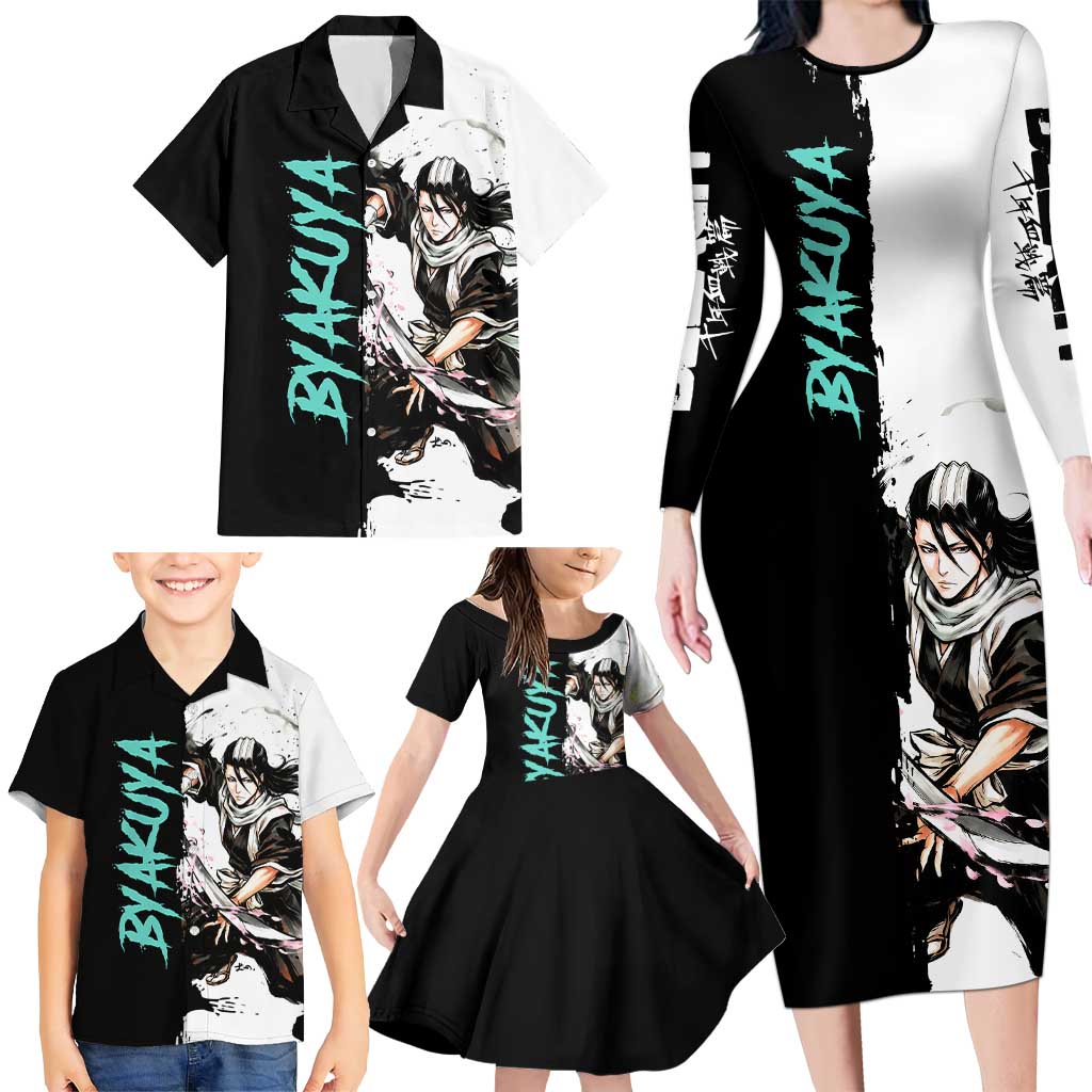 Personalized Byakuya Kuchiki Family Matching Long Sleeve Bodycon Dress and Hawaiian Shirt Ink Splash Anime Brush Style