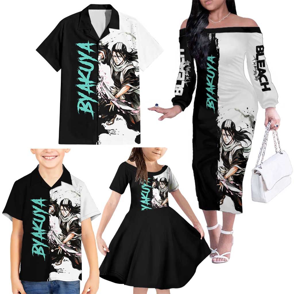 Personalized Byakuya Kuchiki Family Matching Off The Shoulder Long Sleeve Dress and Hawaiian Shirt Ink Splash Anime Brush Style