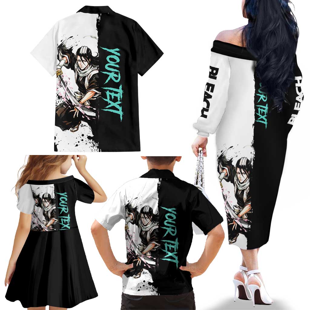 Personalized Byakuya Kuchiki Family Matching Off The Shoulder Long Sleeve Dress and Hawaiian Shirt Ink Splash Anime Brush Style