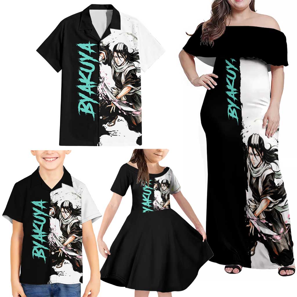 Personalized Byakuya Kuchiki Family Matching Off Shoulder Maxi Dress and Hawaiian Shirt Ink Splash Anime Brush Style