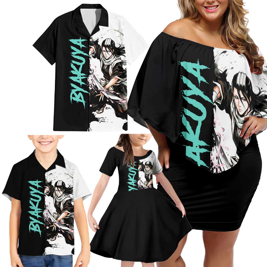 Personalized Byakuya Kuchiki Family Matching Off Shoulder Short Dress and Hawaiian Shirt Ink Splash Anime Brush Style