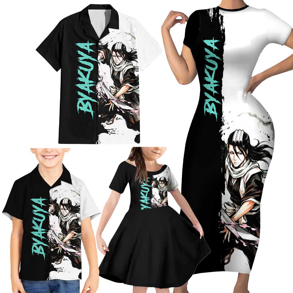 Personalized Byakuya Kuchiki Family Matching Short Sleeve Bodycon Dress and Hawaiian Shirt Ink Splash Anime Brush Style