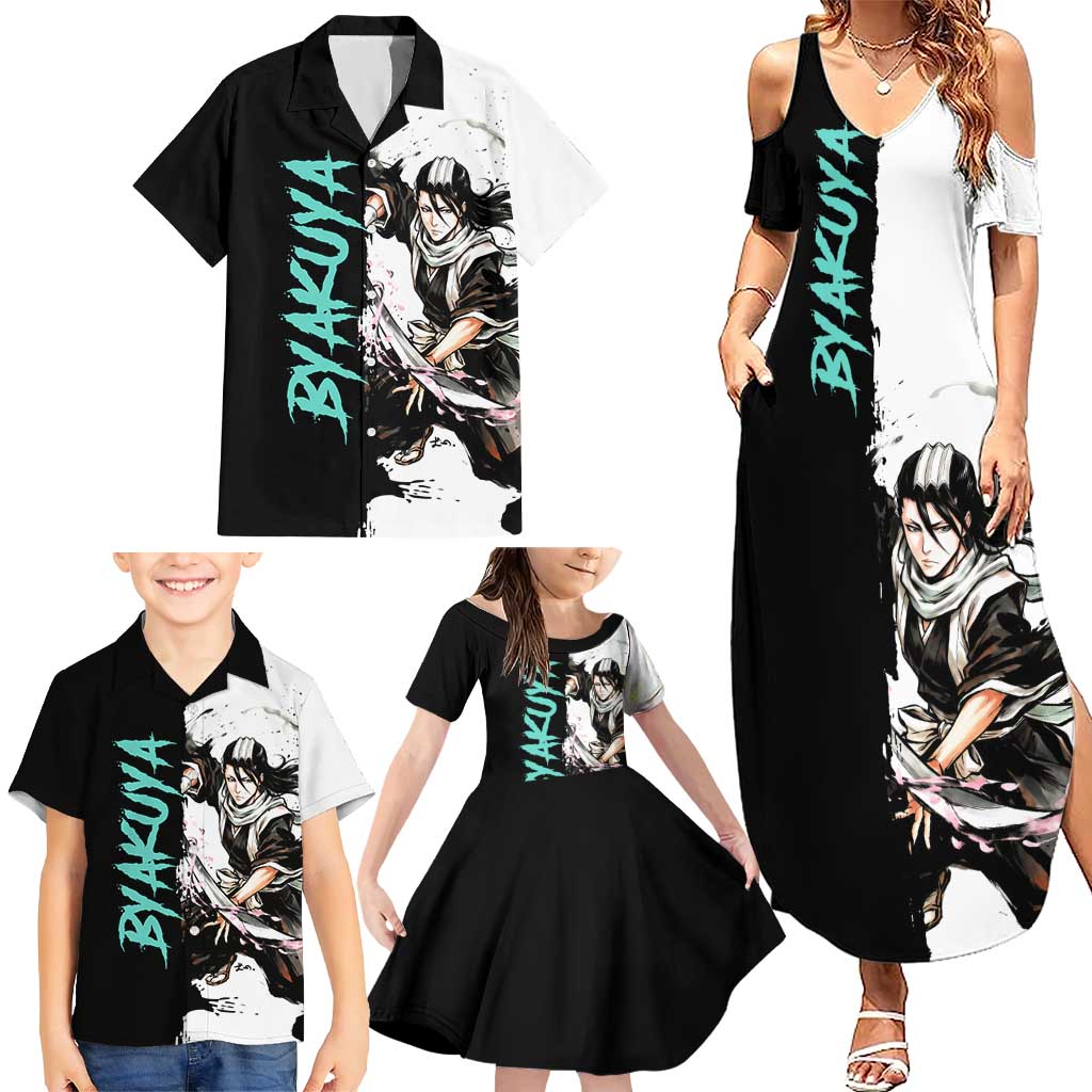 Personalized Byakuya Kuchiki Family Matching Summer Maxi Dress and Hawaiian Shirt Ink Splash Anime Brush Style