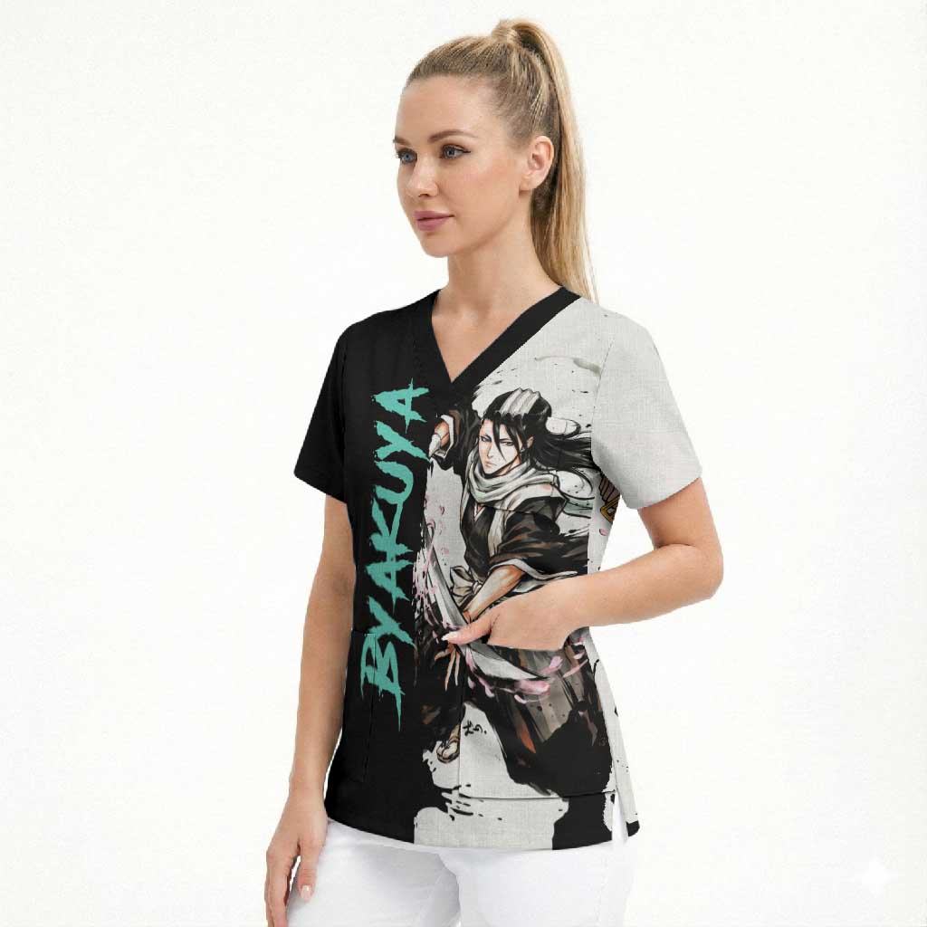 Personalized Byakuya Kuchiki Scrub Top Ink Splash Anime Brush Style