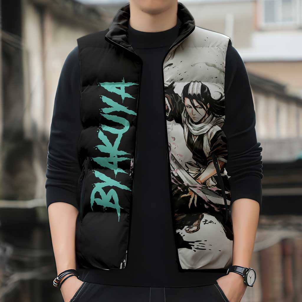 Personalized Byakuya Kuchiki Sleeveless Puffer Jacket Ink Splash Anime Brush Style