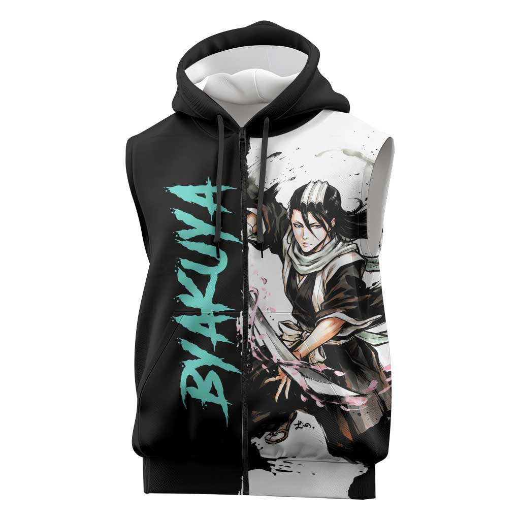 Personalized Byakuya Kuchiki Sleeveless Zip Hoodie Ink Splash Anime Brush Style
