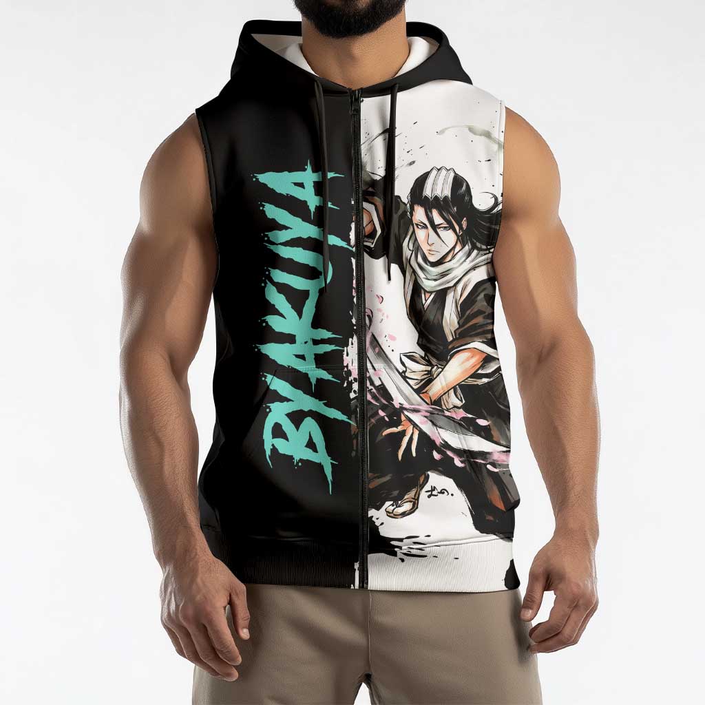 Personalized Byakuya Kuchiki Sleeveless Zip Hoodie Ink Splash Anime Brush Style