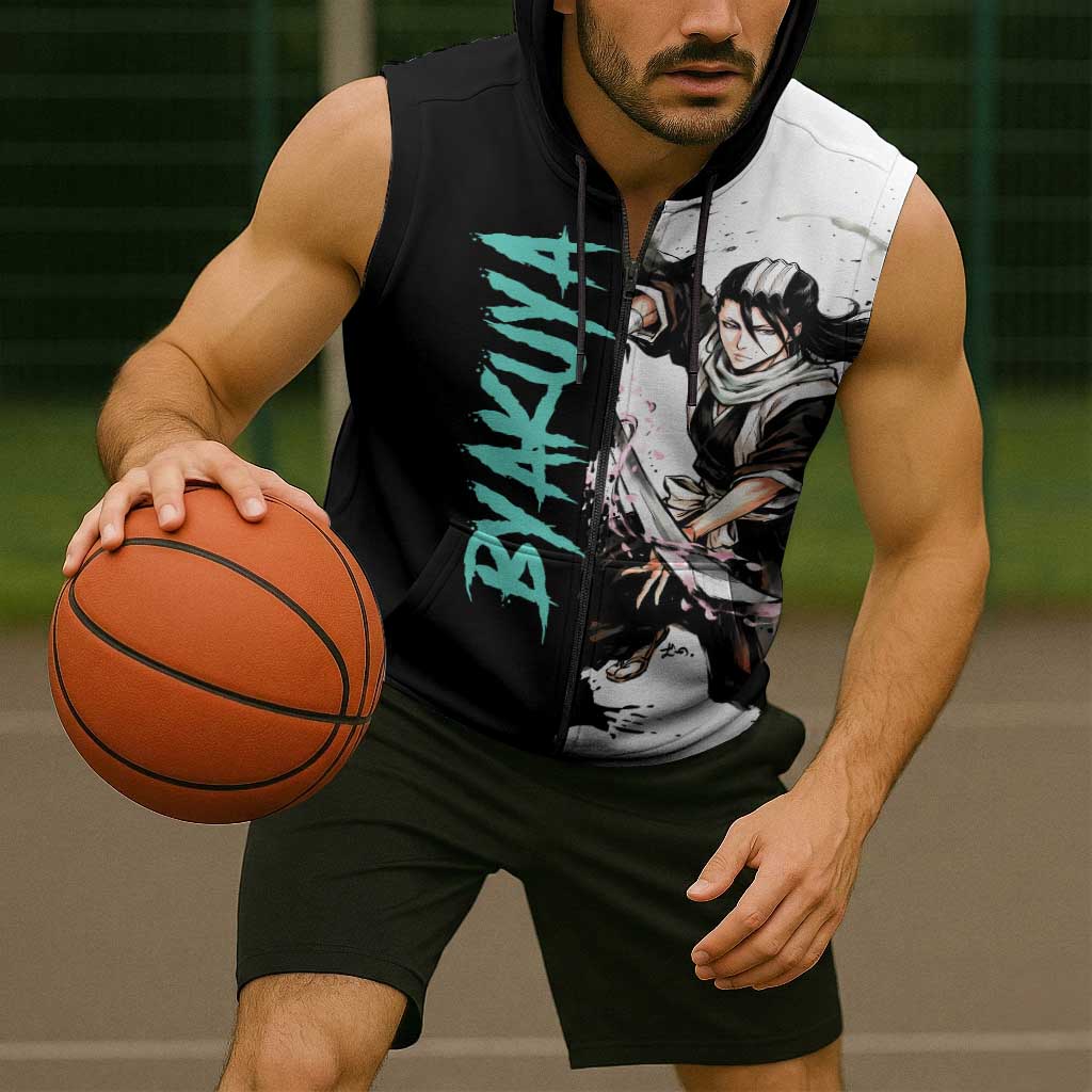 Personalized Byakuya Kuchiki Sleeveless Zip Hoodie Ink Splash Anime Brush Style