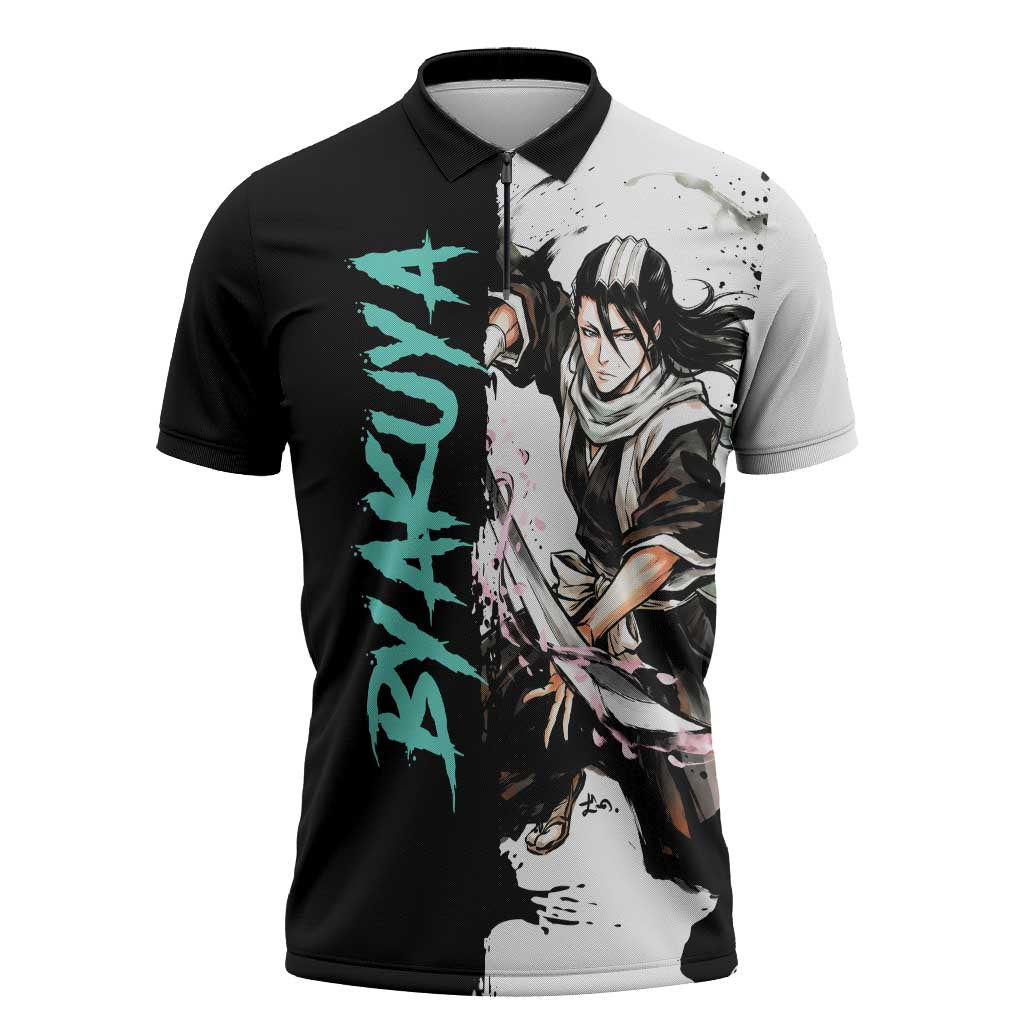 Personalized Byakuya Kuchiki Zipper Polo Shirt Ink Splash Anime Brush Style