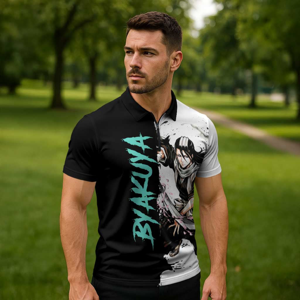 Personalized Byakuya Kuchiki Zipper Polo Shirt Ink Splash Anime Brush Style