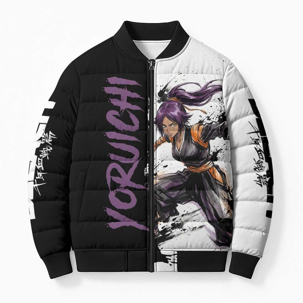 Personalized Yoruichi Shihouin Bomber Puffer Jacket Ink Splash Anime Brush Style