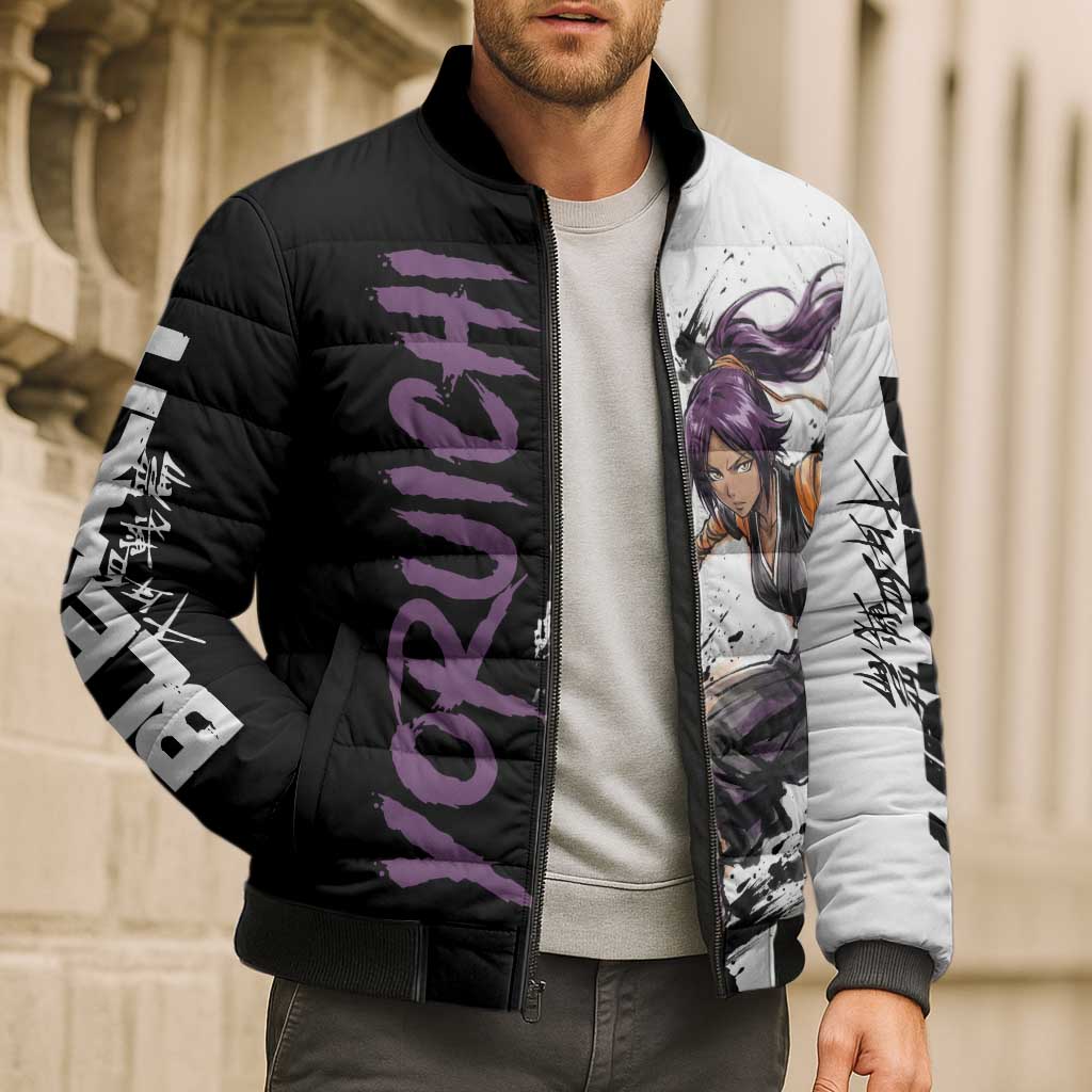Personalized Yoruichi Shihouin Bomber Puffer Jacket Ink Splash Anime Brush Style