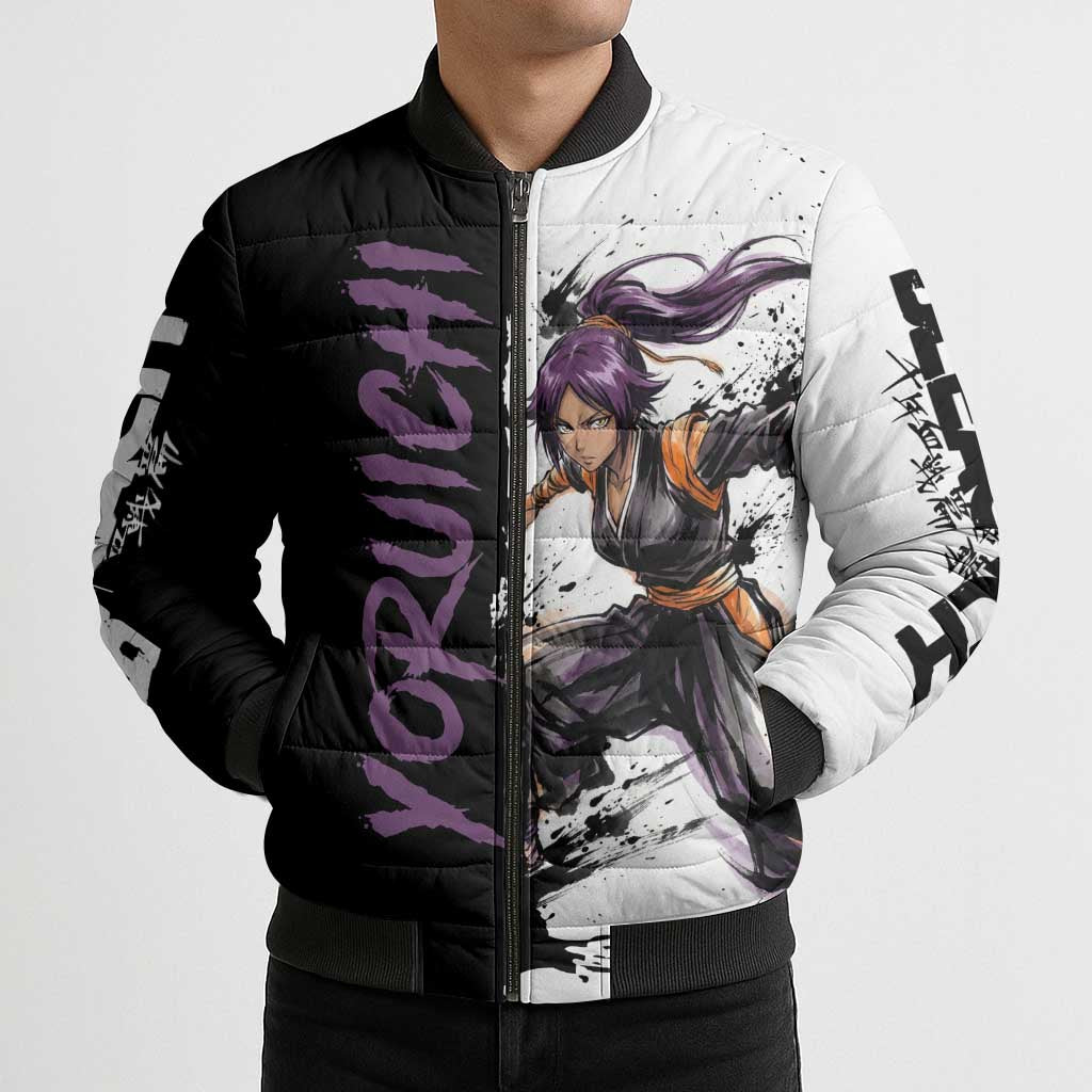 Personalized Yoruichi Shihouin Bomber Puffer Jacket Ink Splash Anime Brush Style