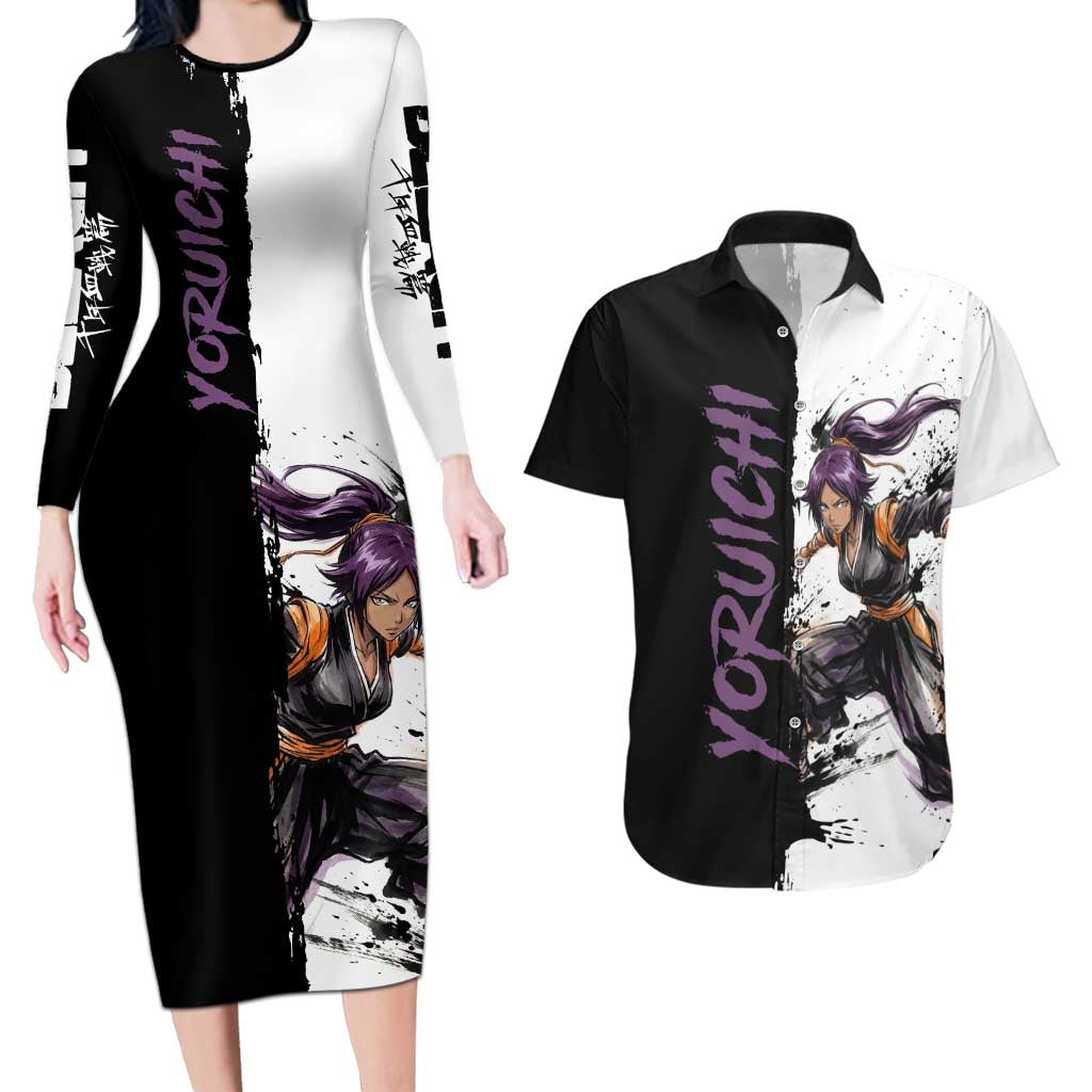 Personalized Yoruichi Shihouin Couples Matching Long Sleeve Bodycon Dress and Hawaiian Shirt Ink Splash Anime Brush Style